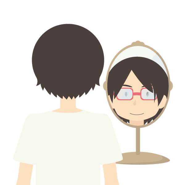 めがね姿を鏡で確かめる眼鏡屋のお客さん