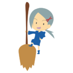 ほうきに乗って飛ぶ青い魔女