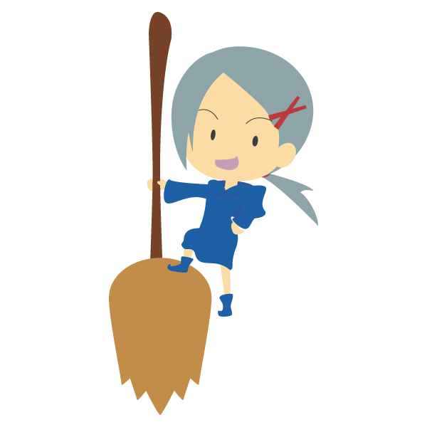 ほうきに乗って飛ぶ青い魔女