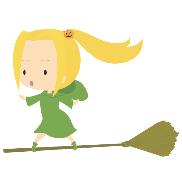 ほうきに乗って飛ぶ緑の魔女