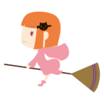 ほうきに乗って飛ぶピンクの魔女