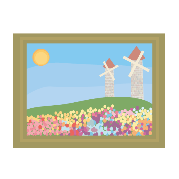 花畑と風車の絵画