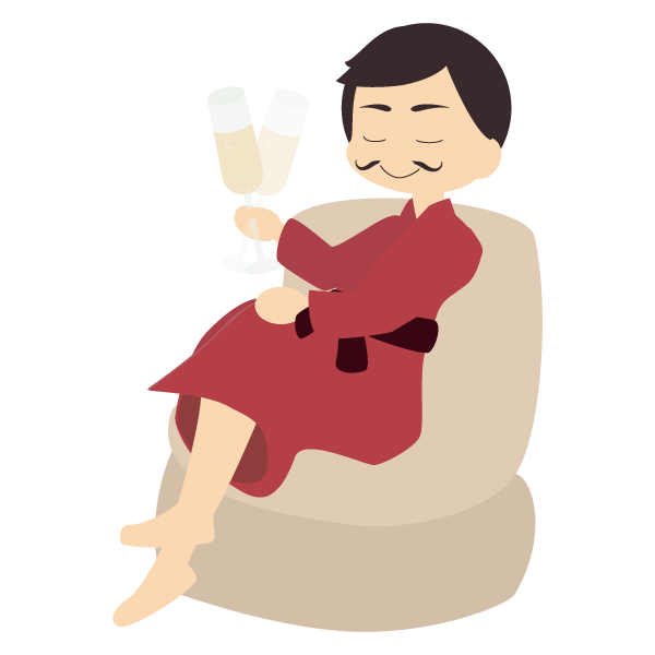 優雅にシャンパングラスを回すバスローブを着た紳士