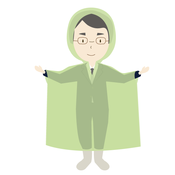 レインポンチョを着た男性会社員