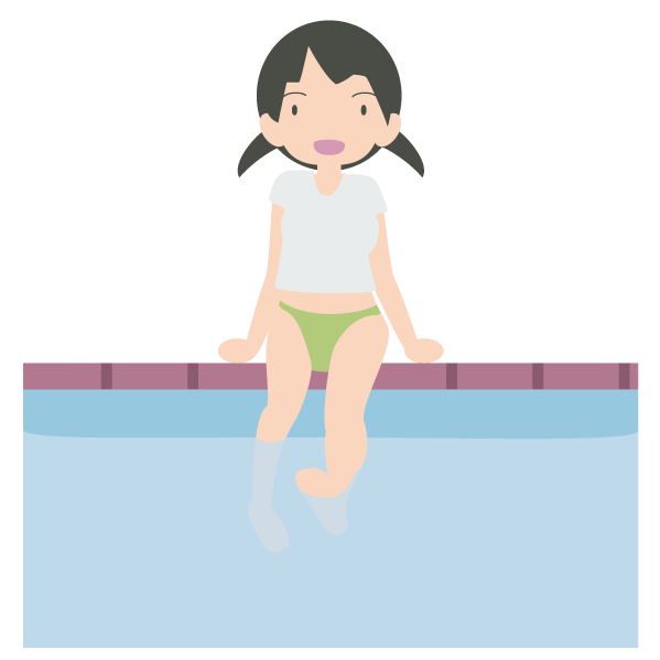 プール際で足をバタバタさせている女性