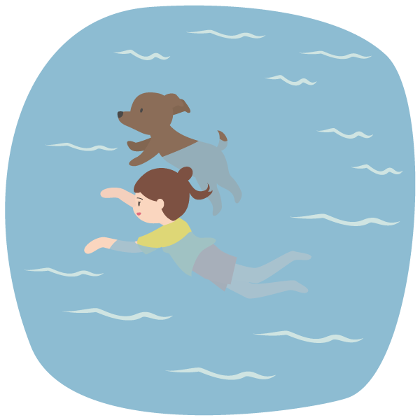 一緒に泳ぐ飼い主の女性と犬