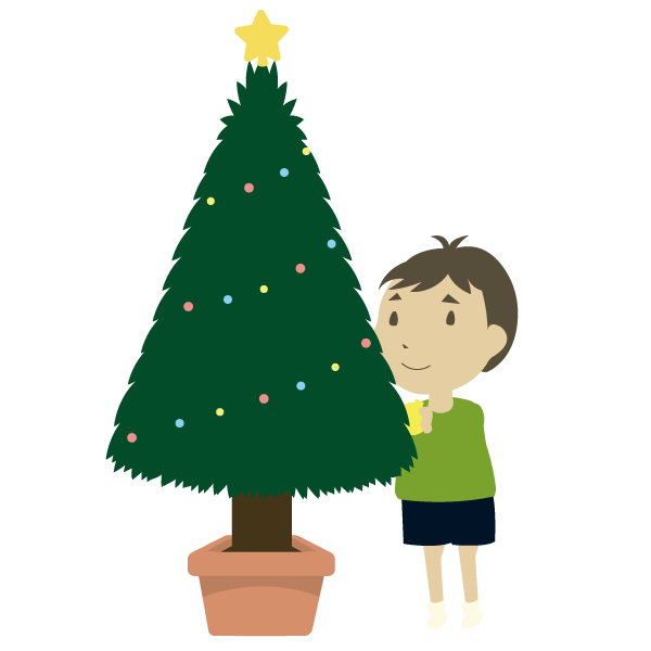 クリスマスツリーに飾り付けをする男の子