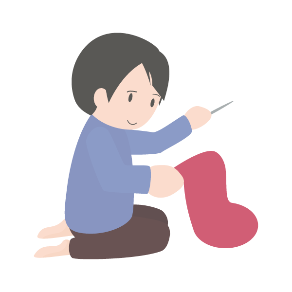 プレゼントを入れる靴下を縫う父親