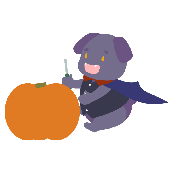 ジャック・ランタンを作るヴァンパイアの仮装をした犬獣人