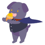 マフィンを食べるヴァンパイアの仮装をした犬の獣人