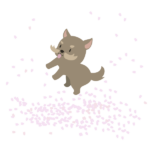 桜の花びらの上で飛ぶ犬